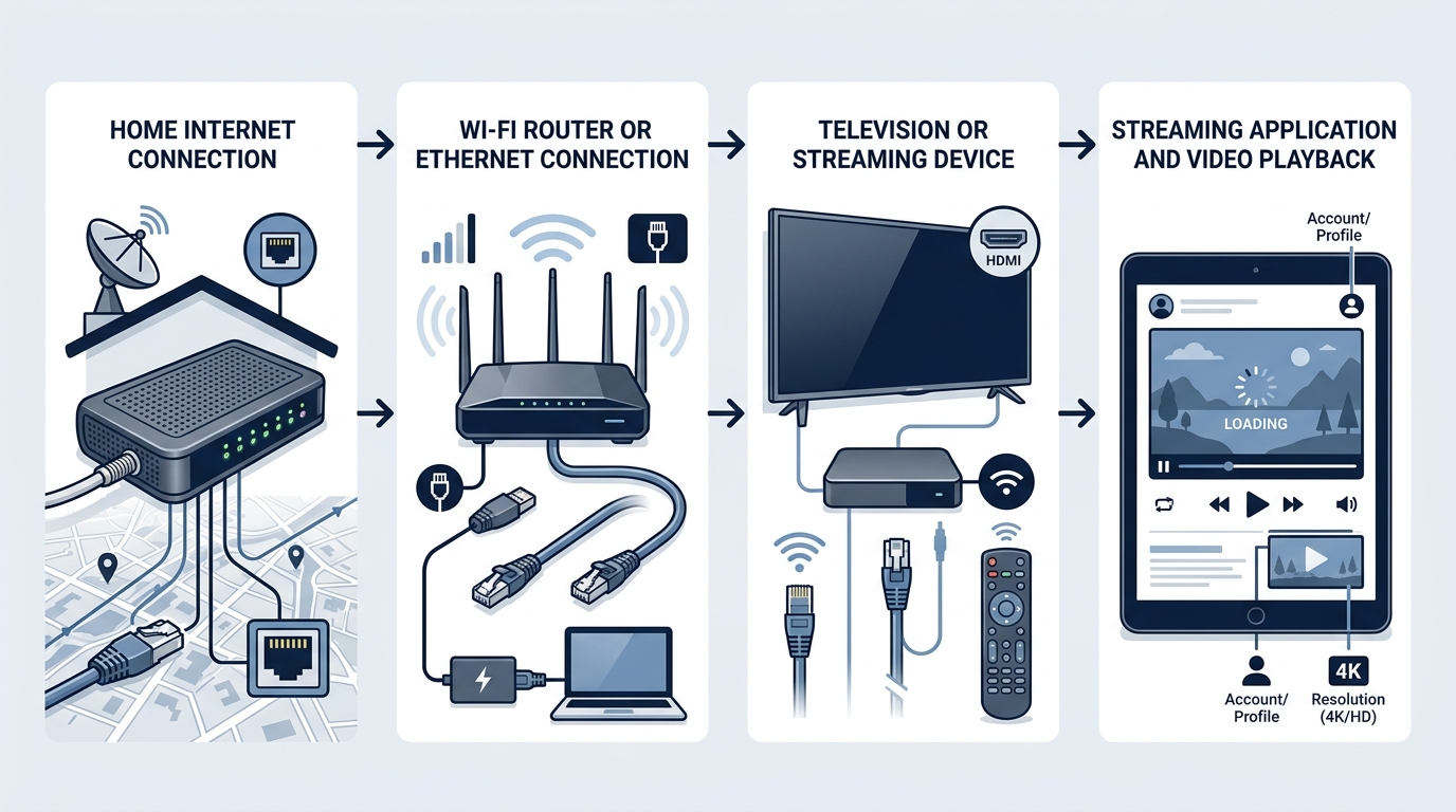 The streaming chain, from home internet connection to video playback.
